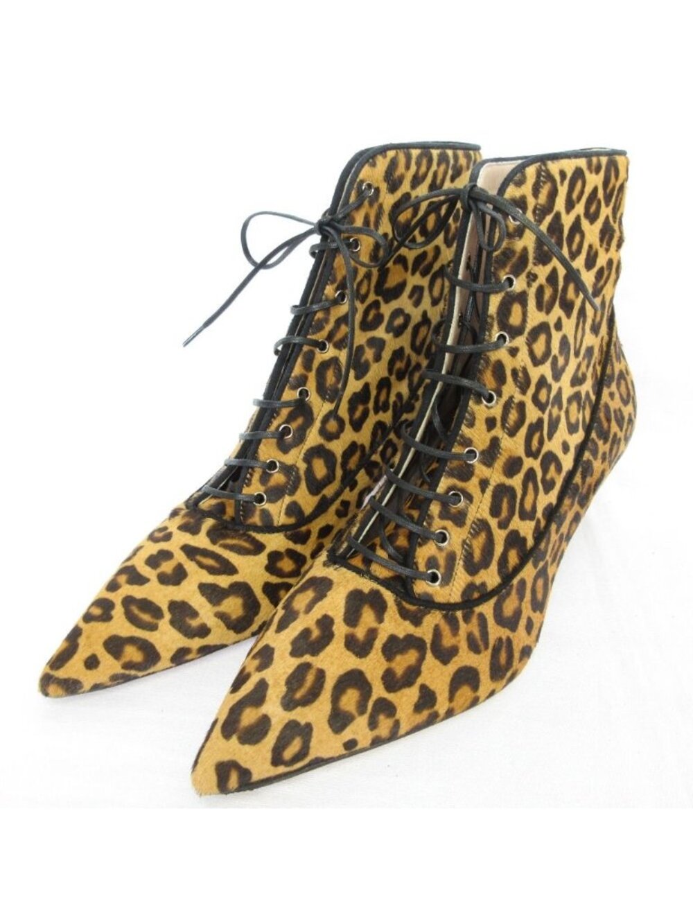 Miu Miu Leopard Pattern Calf Hair Leather Pointed Toe Lace Up Boots